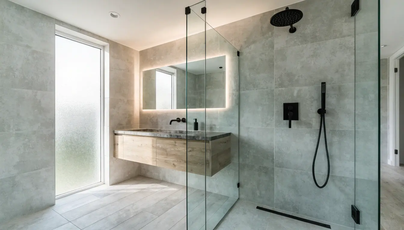 Freshly completed contemporary bathroom renovation with a frameless glass walk-in shower, stone-top timber vanity and matte-black tapware