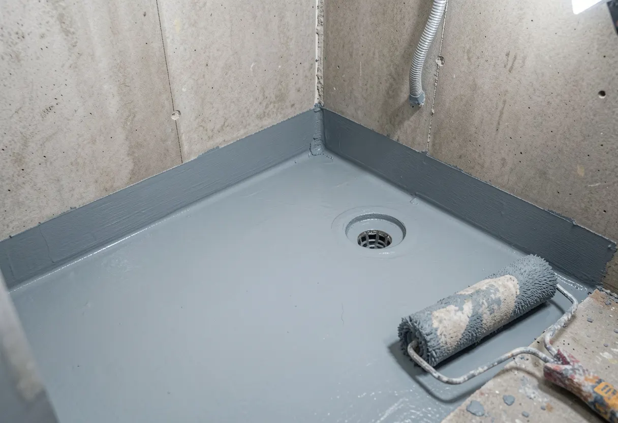 Waterproofing membrane installation during an Oak Flats bathroom renovation