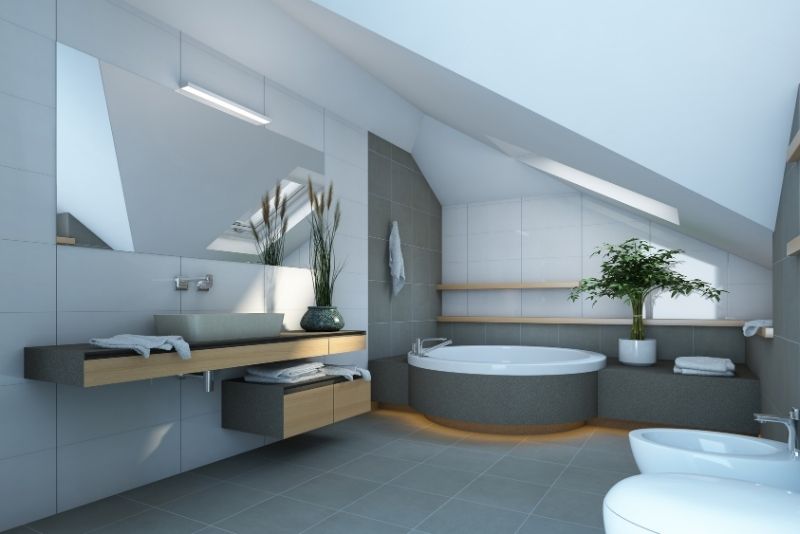 clean and organized bath room with cabinet, tub, toilet and indoor plants