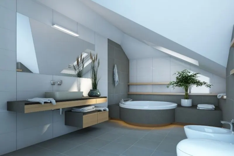 clean and organized bath room with cabinet, tub, toilet and indoor plants