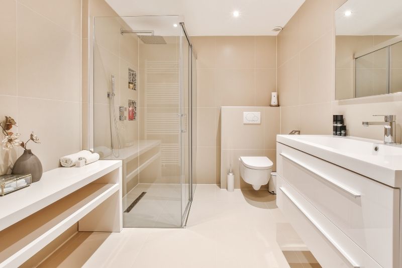 A bathroom with glass walls