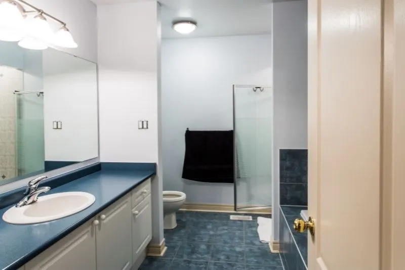 A blue and white ensuite bathroom bathroom