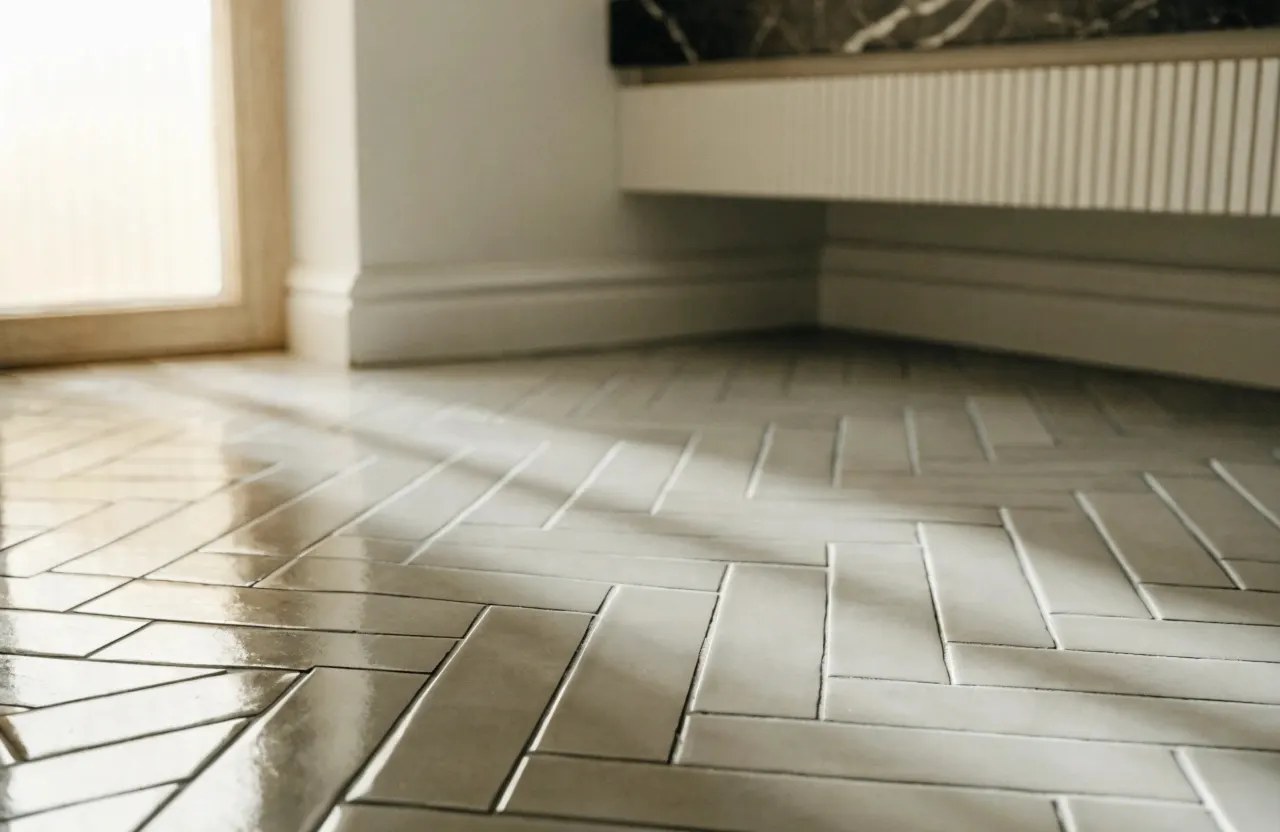 Herringbone pattern floor tiles installed in a Wollongong bathroom