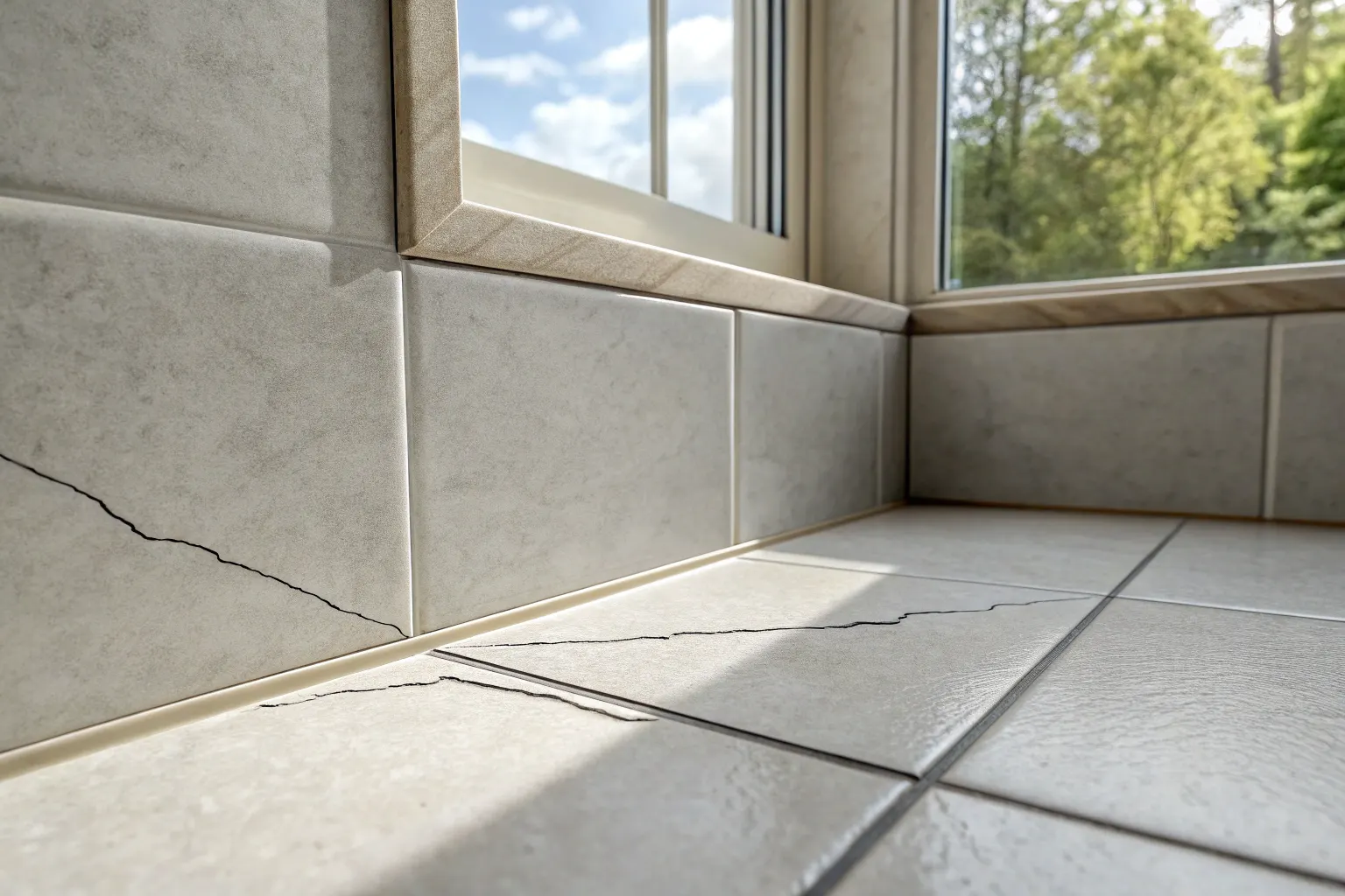 A close up photorealistic shot inside a tiled show