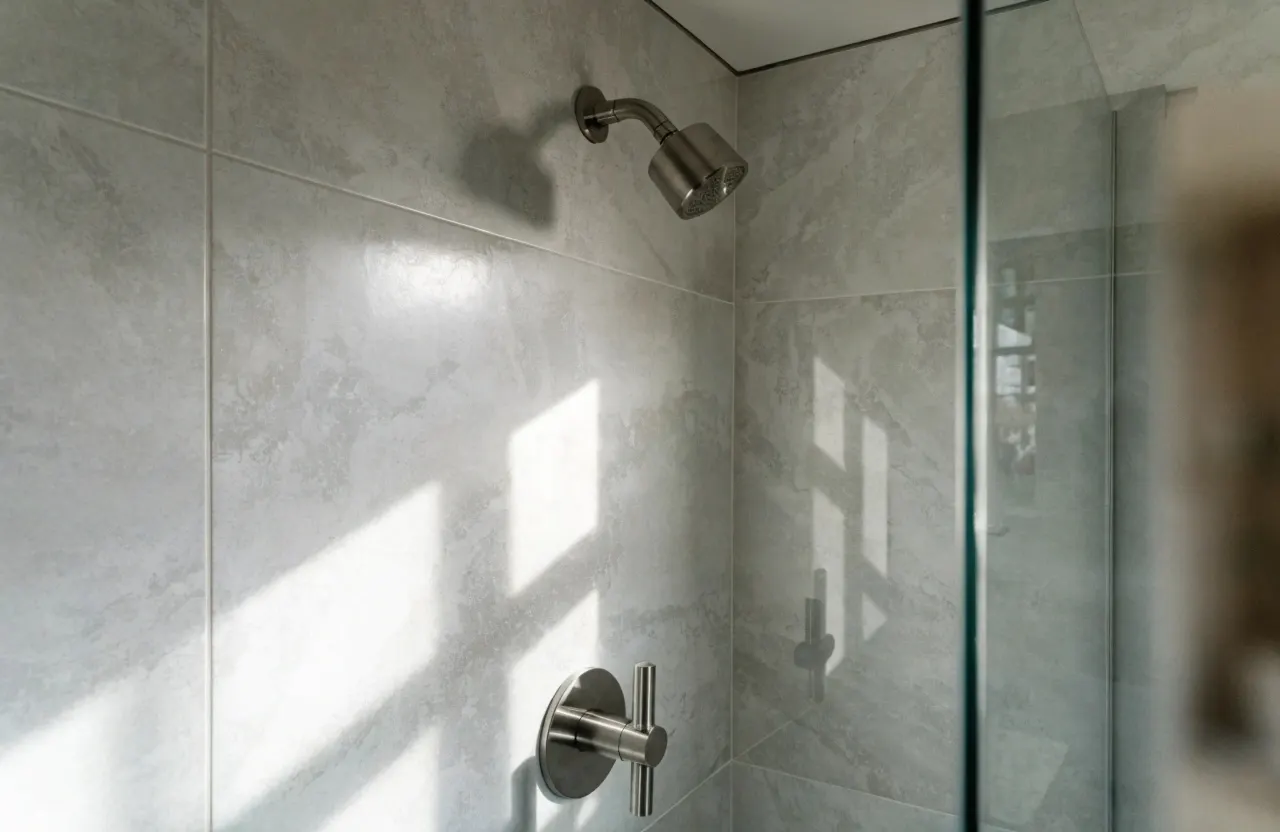 Wall tiling Wollongong bathroom shower with large format grey tiles and straight grout lines