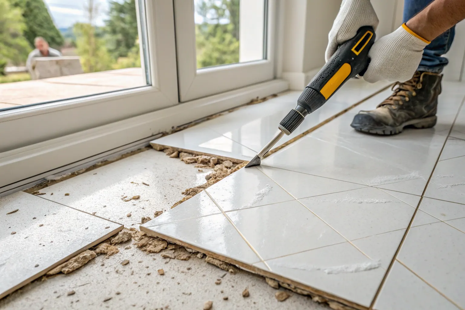 Cracked bathroom floor tile being carefully remove