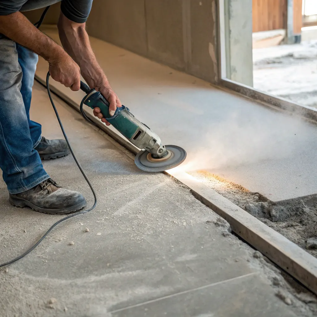floor grinder removing high point on concrete slab before tiling