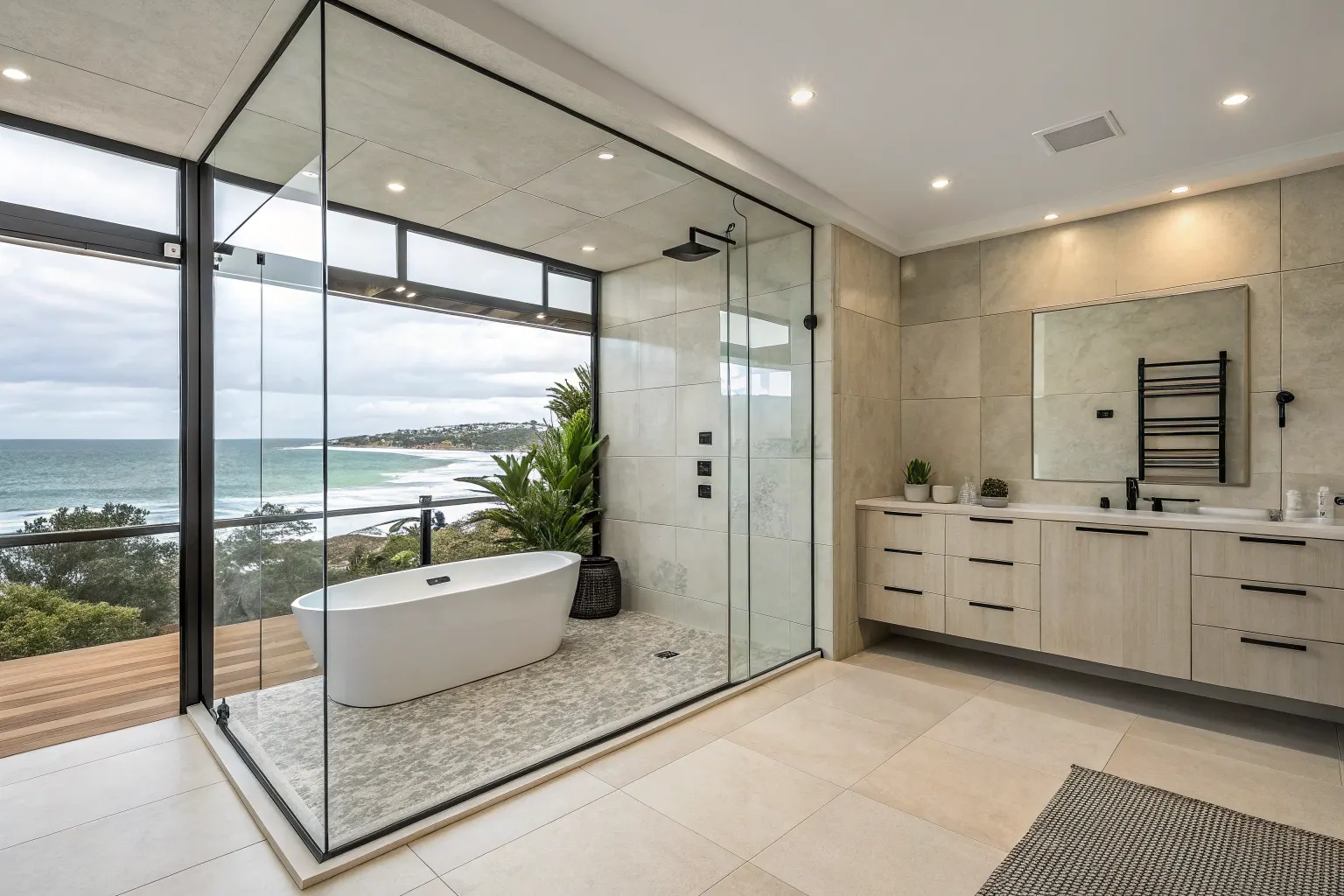 Frameless glass panel walk in shower installation