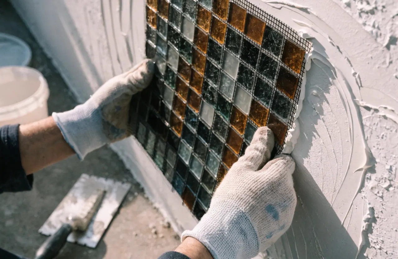 Tiler laying a mosaic mesh sheet during installation in Wollongong