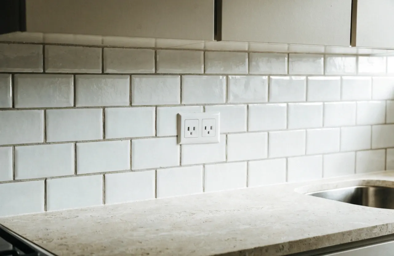 Kitchen splashback wall tiling in Wollongong with white subway tiles and clean power point cutouts