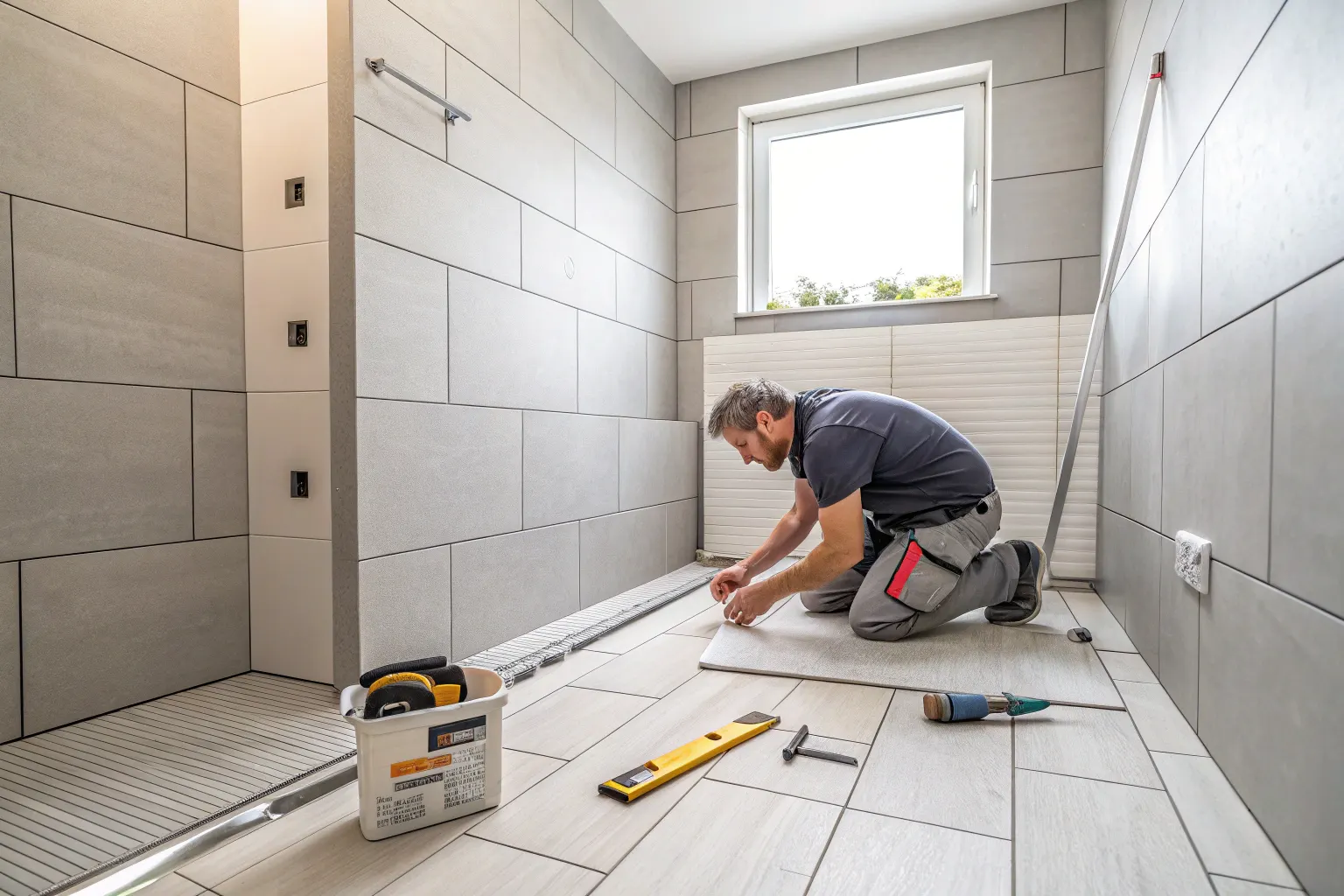 Large format tiles in a small bathroom renovation