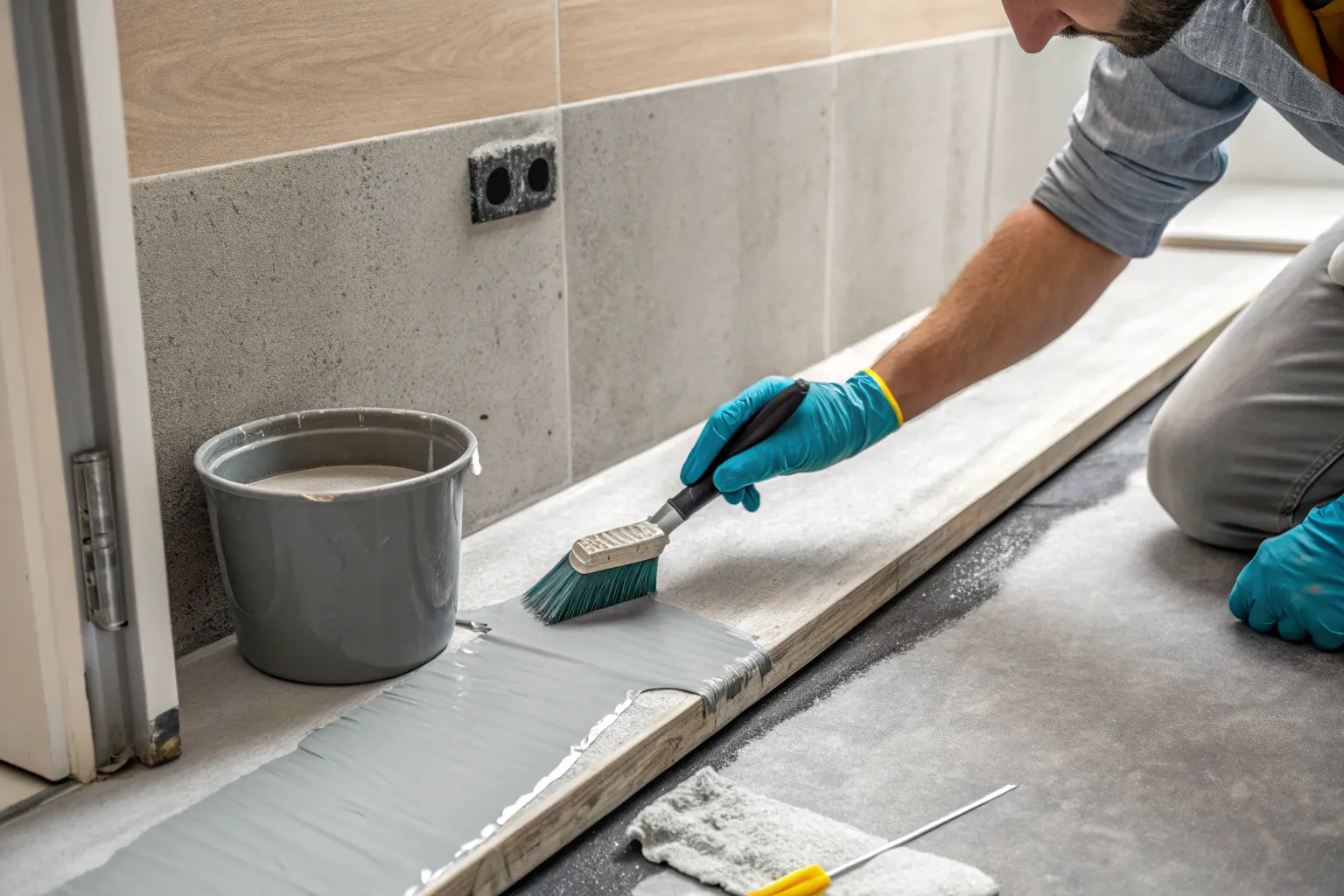 Licensed waterproofer applying liquid membrane