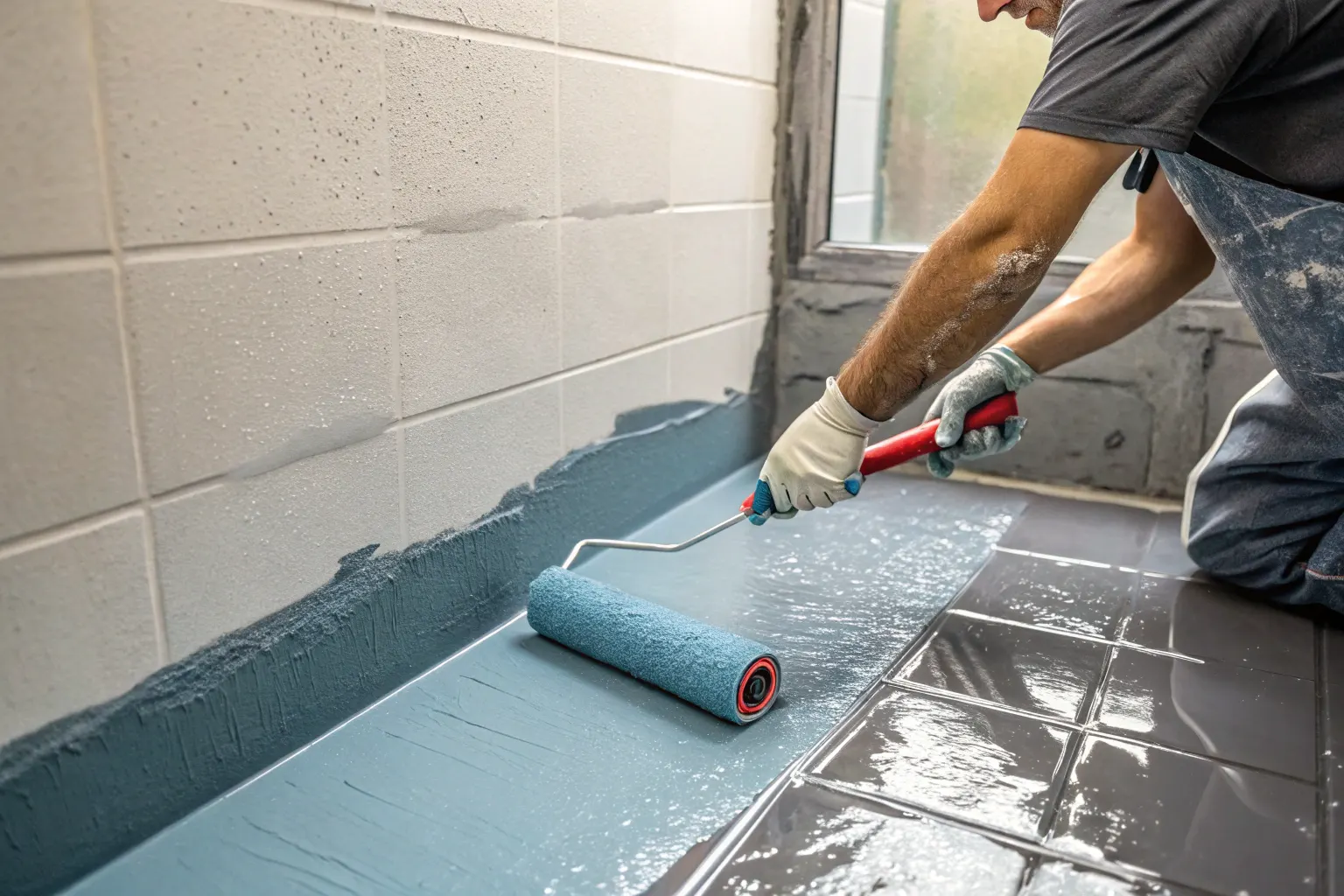 Licensed waterproofer applying second coat