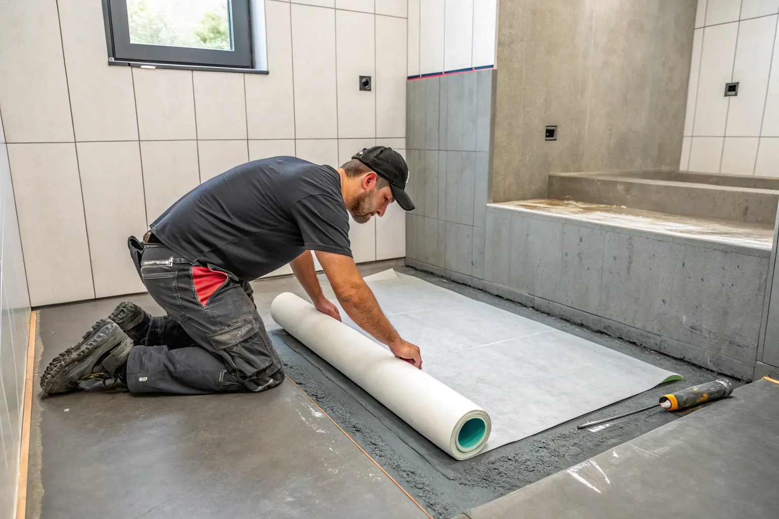 Liquid waterproofing membrane being rolled onto