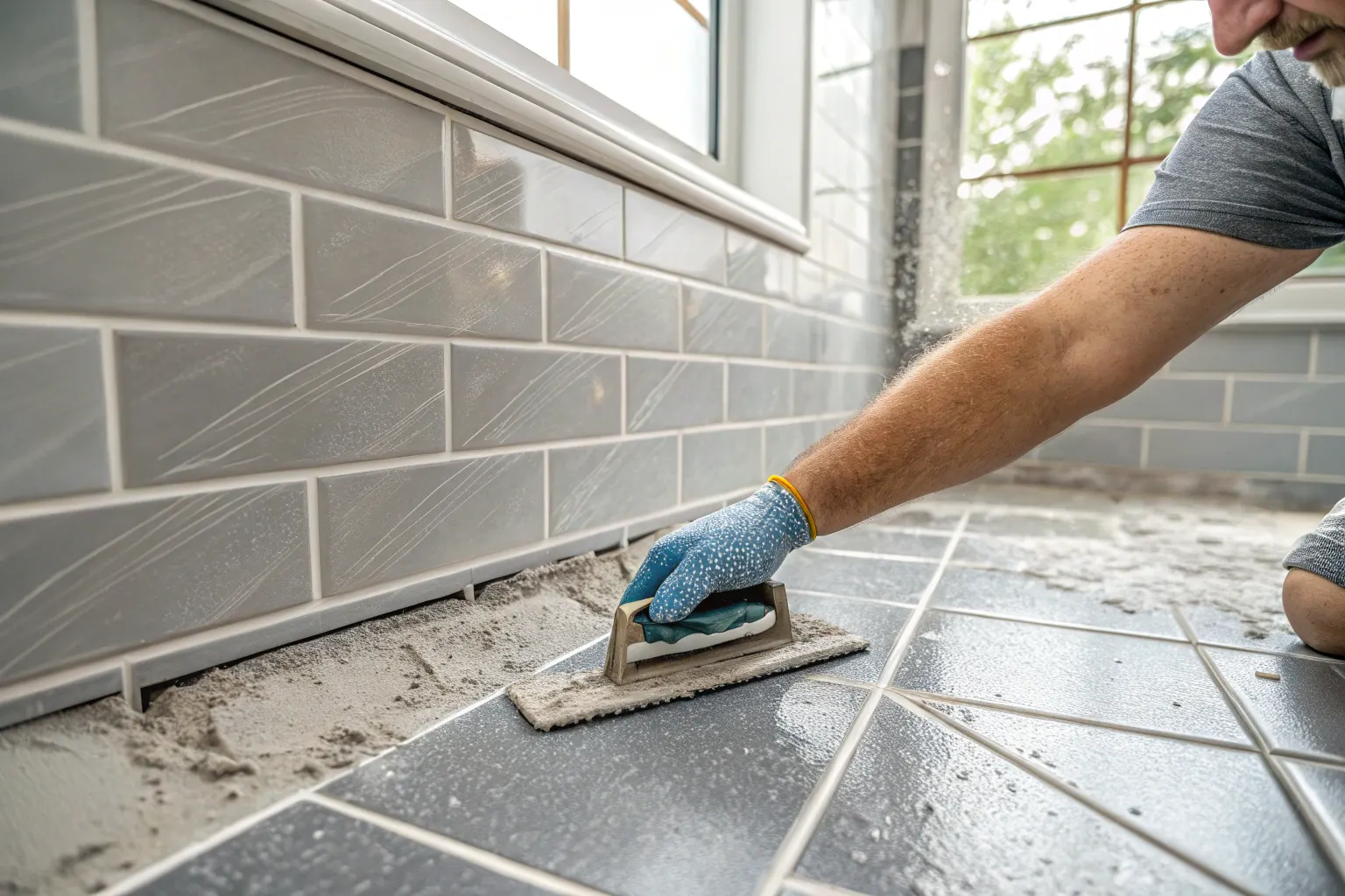 Regrouting shower grinding out old grout wollongon