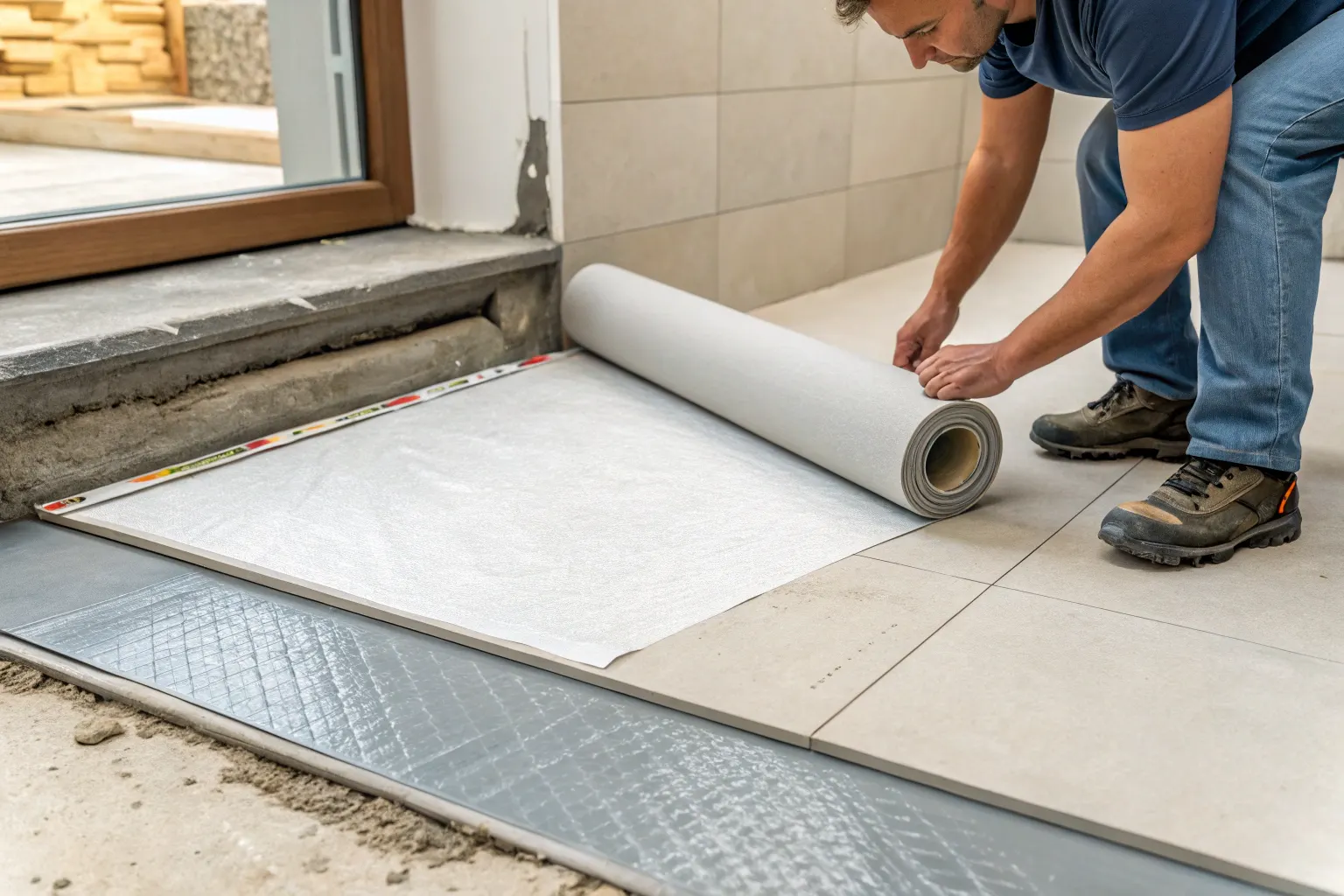 Sheet waterproofing membrane bonded to a bathroom floor substrate in Wollongong