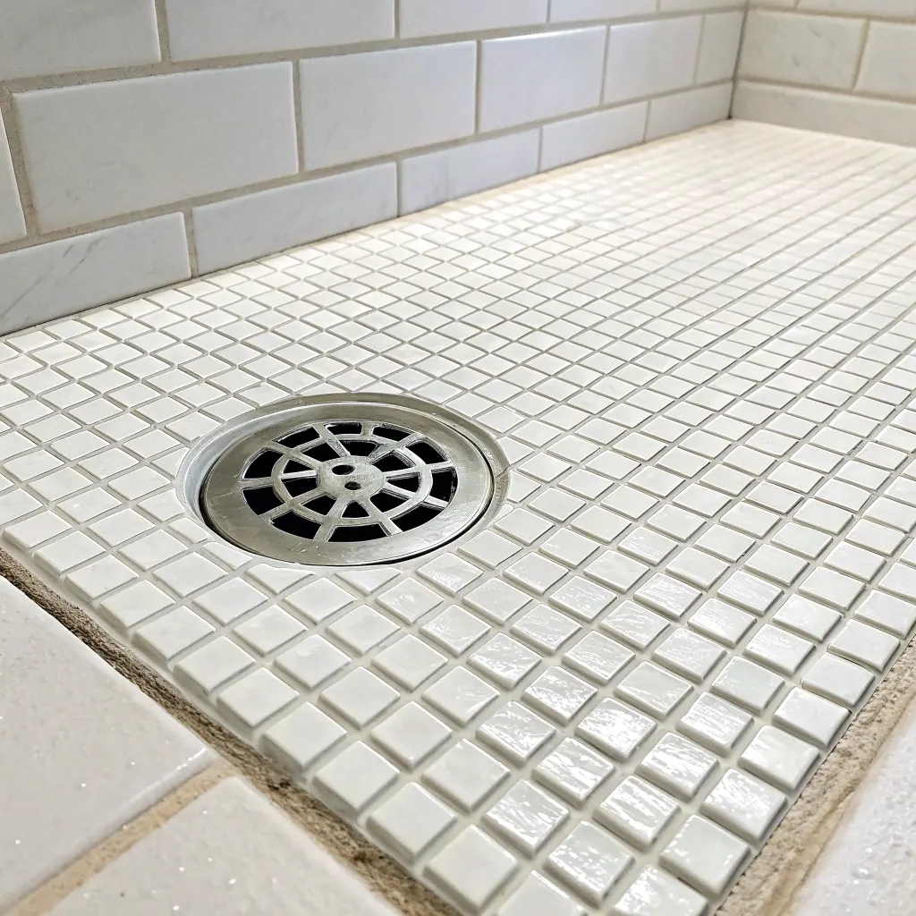 Small format mosaic non-slip tiles on a shower recess floor with visible grout lines and drainage