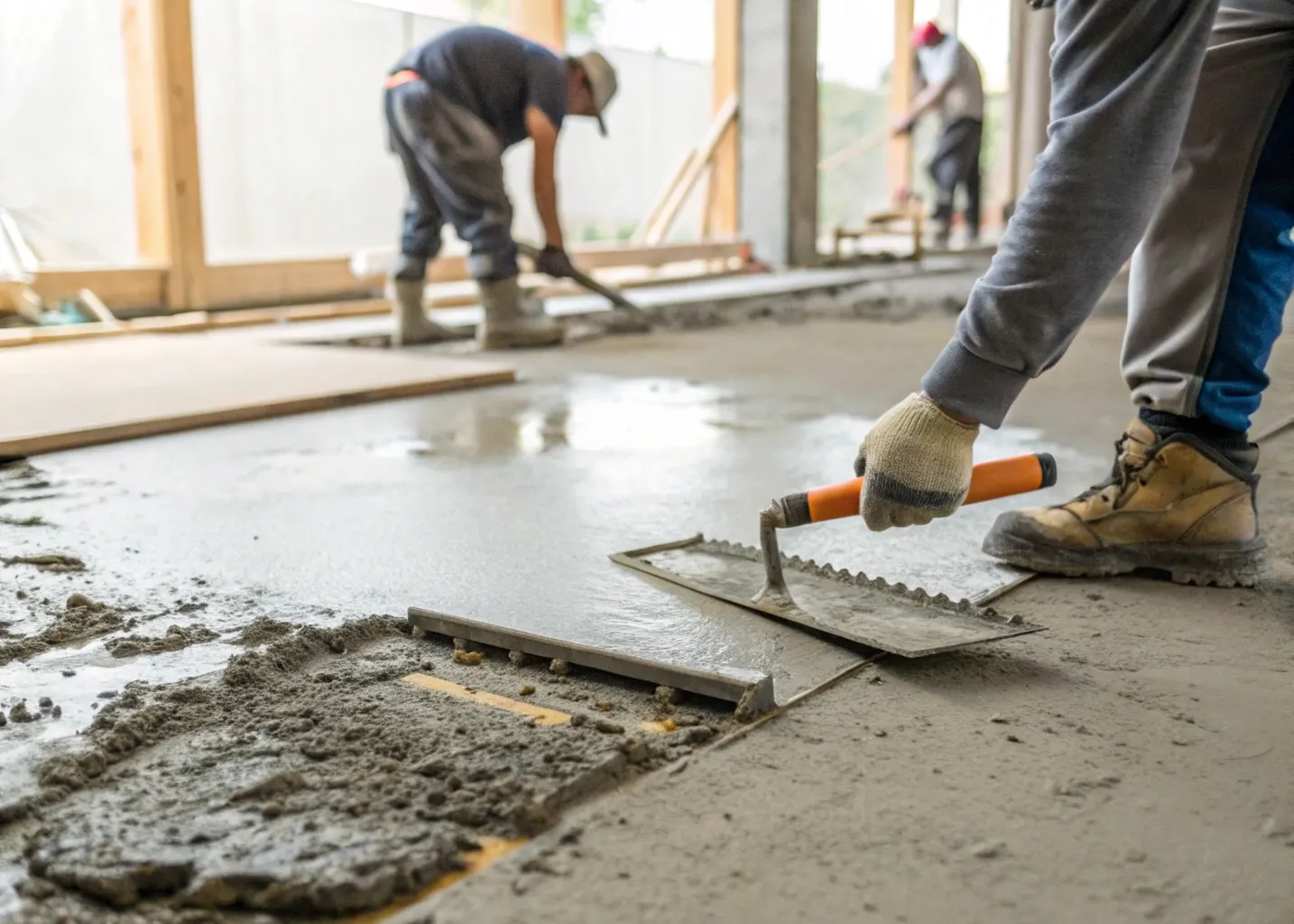 Subfloor levelling compound being applied before tile installation