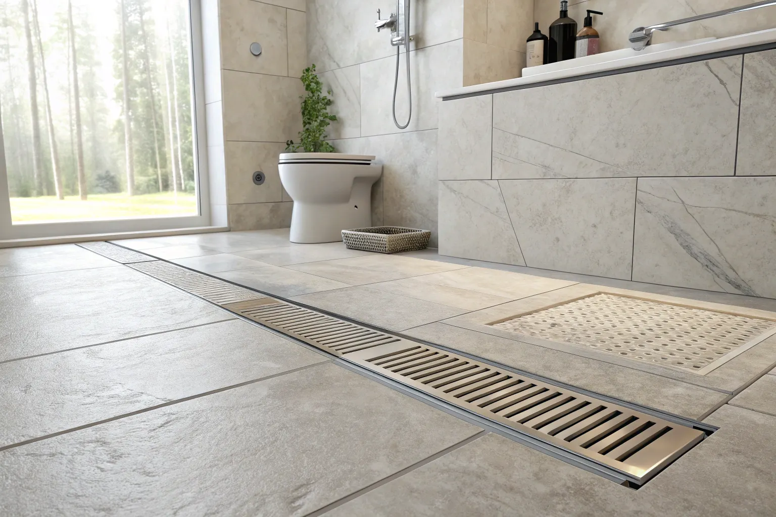 Tiled walk in shower floor with linear drain insta