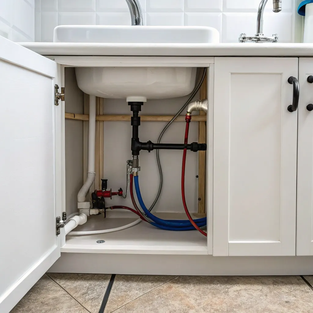 Neatly connected plumbing under a bathroom vanity in a Wollongong home