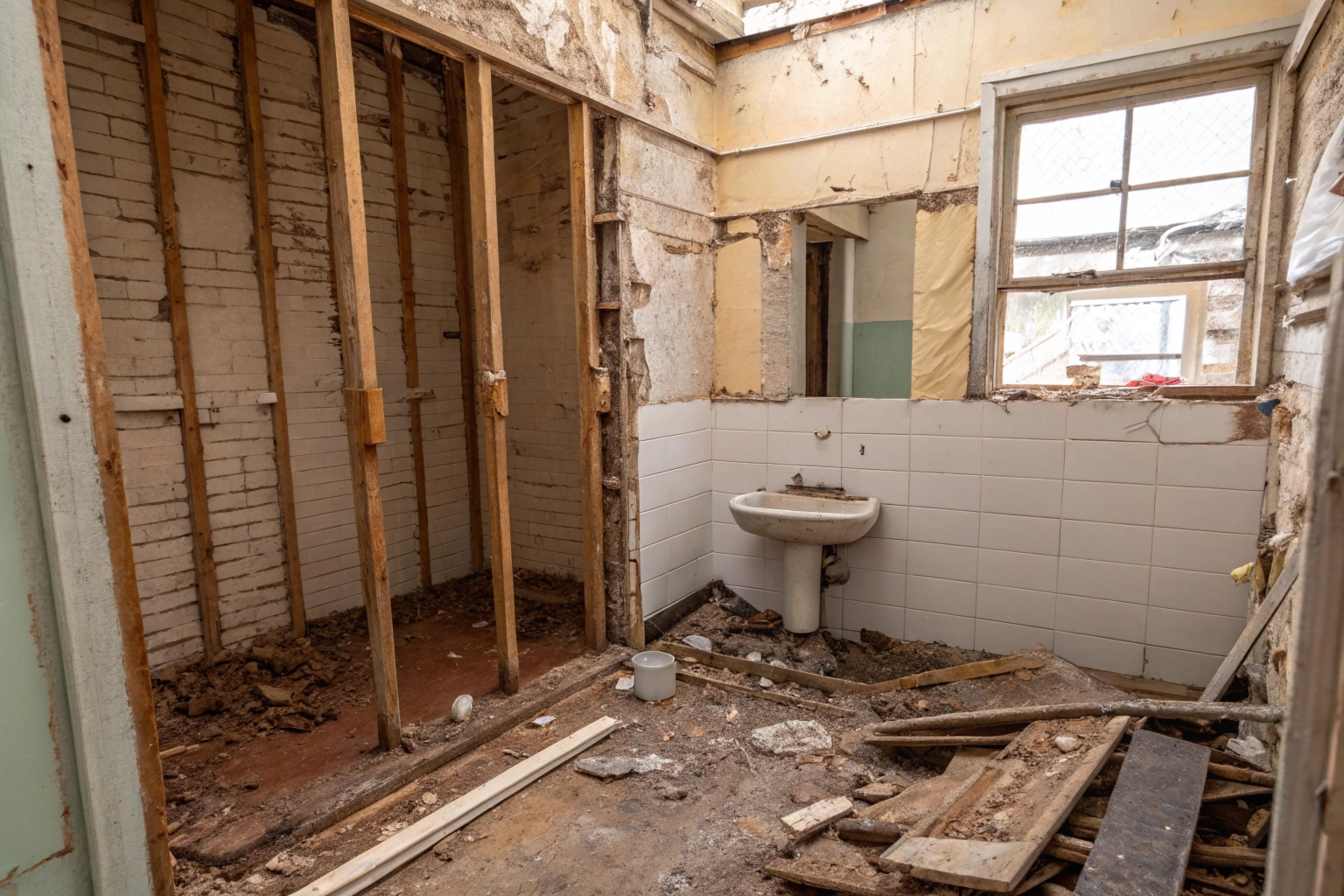 Old Australian bathroom mid-demolition with exposed fibro wall sheeting