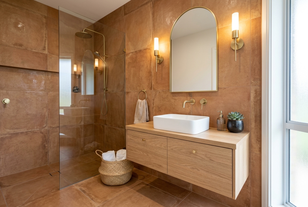 Modern bathroom with warm earthy tiles, timber-look vanity, brushed brass tapware