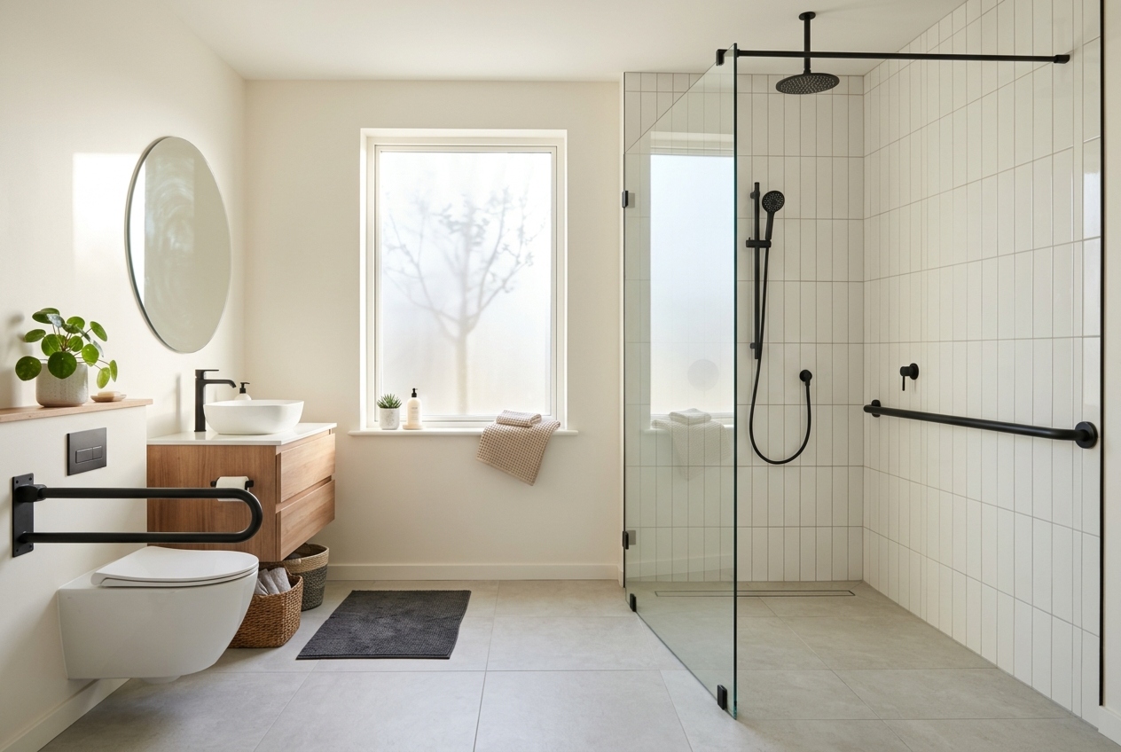 Bathroom with curbless walk-in shower and grab rail