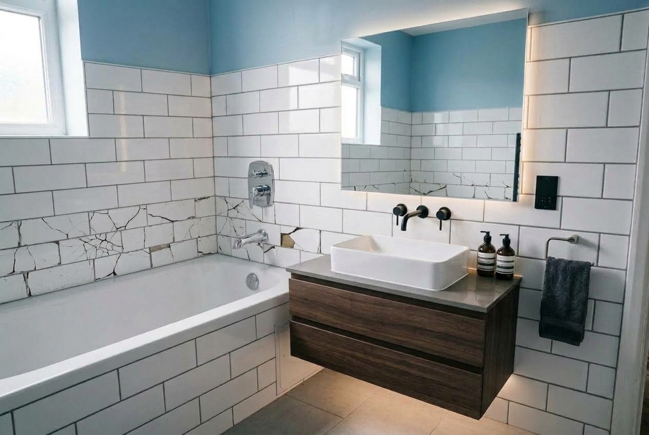 Half-finished bathroom tiling job with cracked tiles