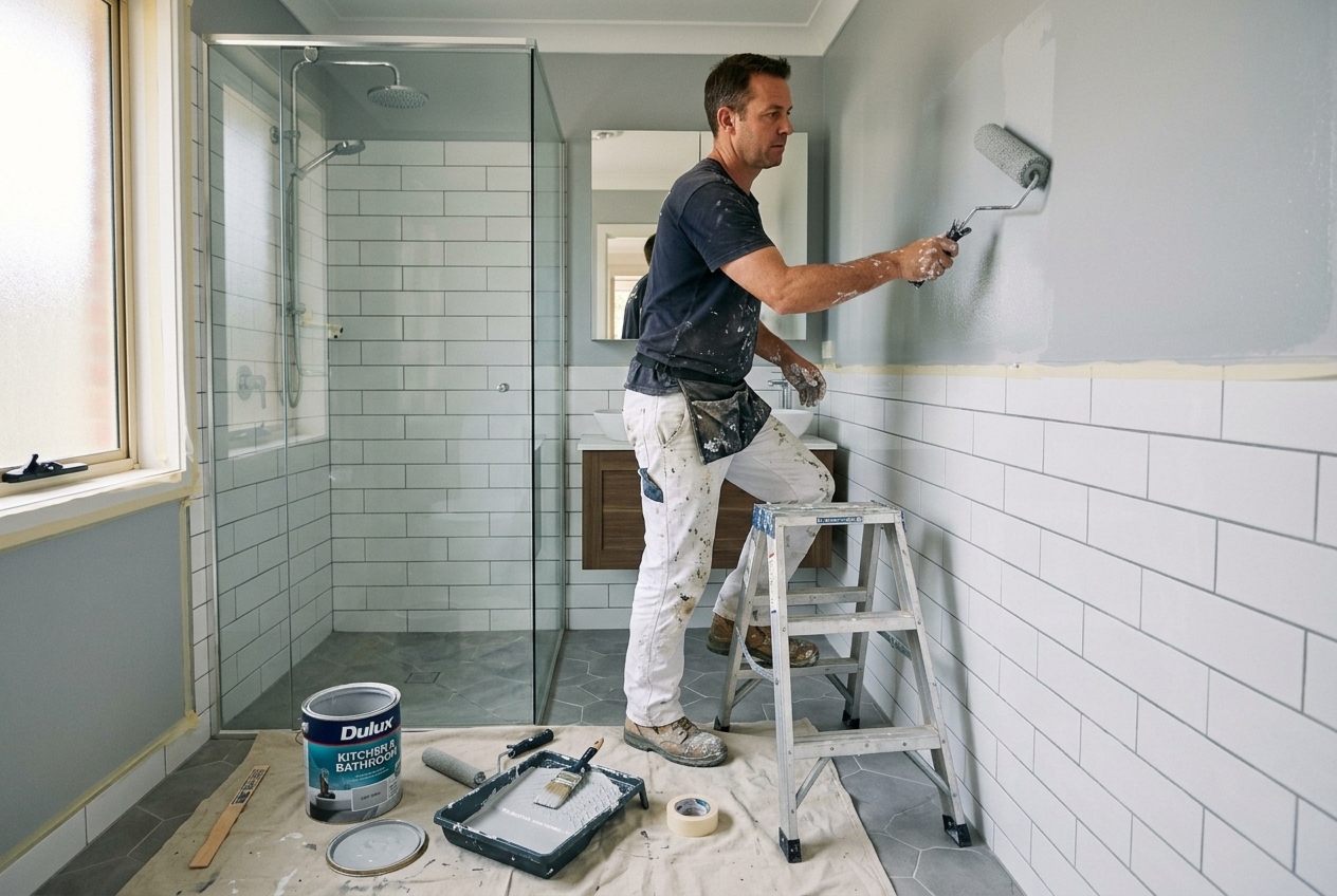 Tradesperson repainting a bathroom wall with wet-area paint