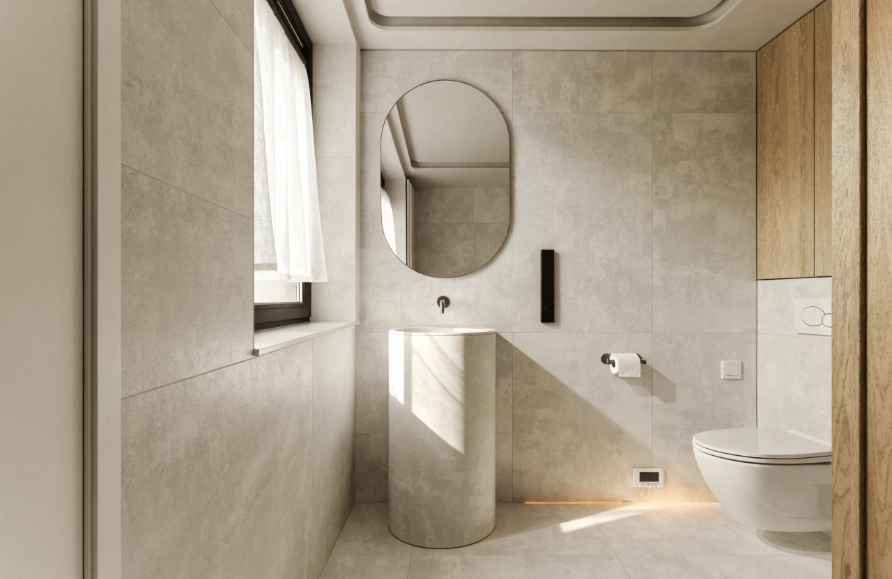 Bright modern small bathroom with large-format floor tiles