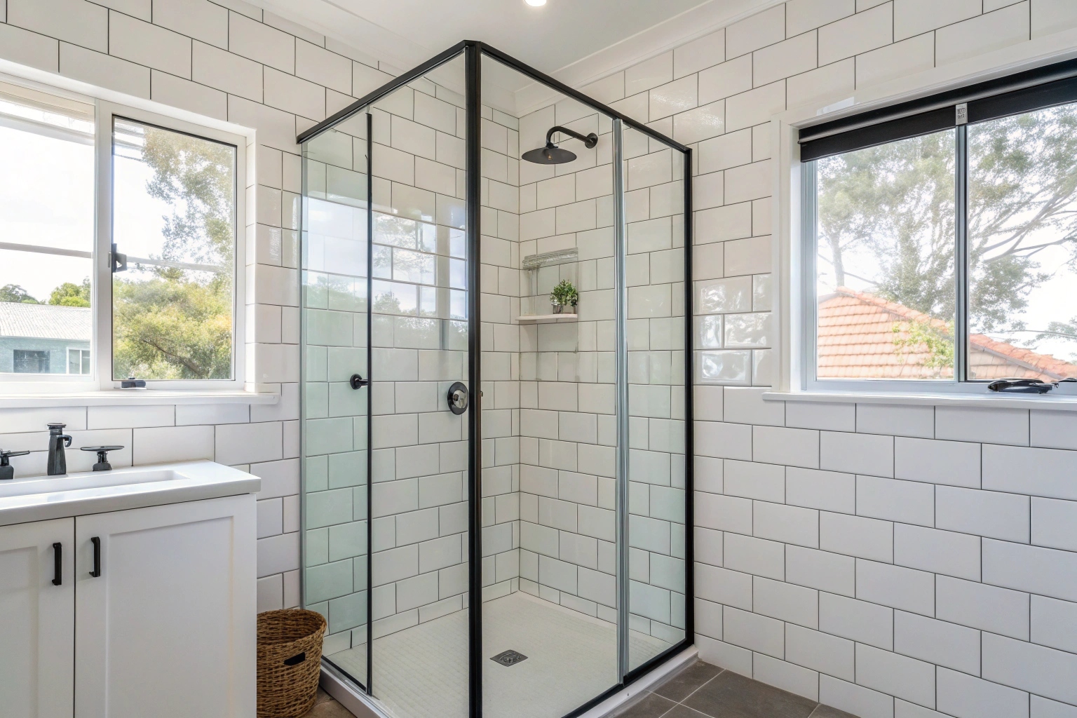 Simple budget shower renovation with a semi-frameless glass screen