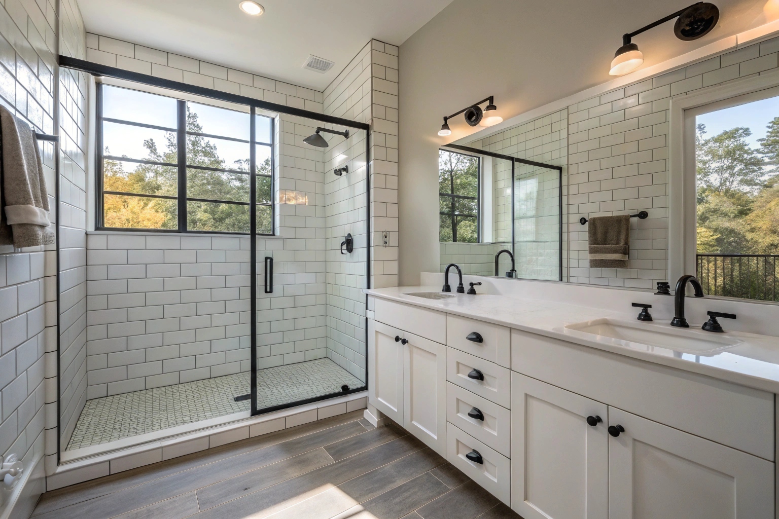 Complete bathroom with frameless walk-in shower and double vanity