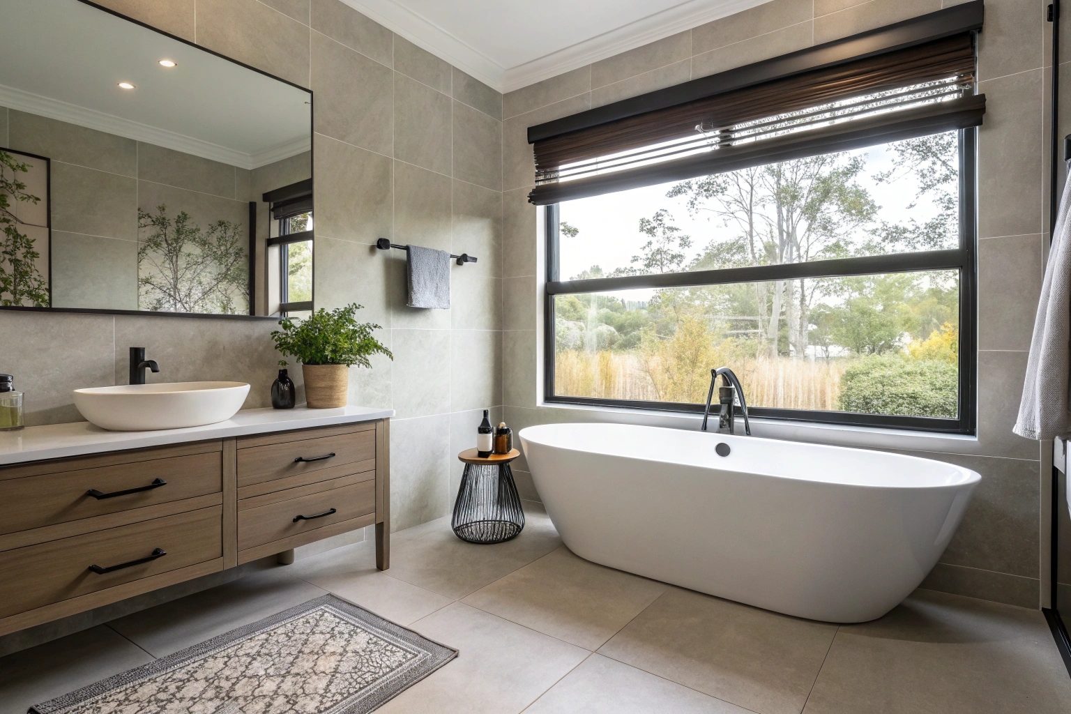 Complete modern ensuite with a freestanding bath