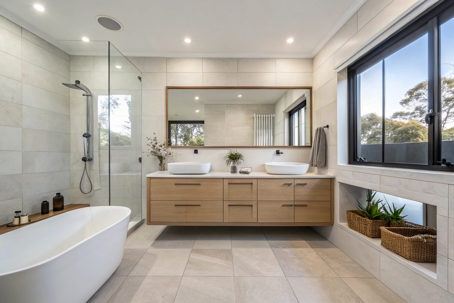 Complete freshly renovated modern bathroom with freestanding tub and walk-in shower