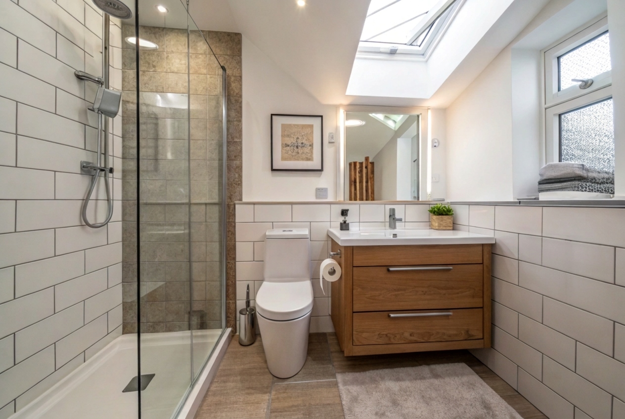 Complete compact bathroom with wall-hung vanity making the most of a small footprint