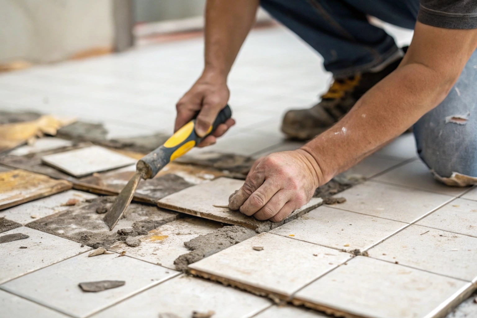 Tradesperson removing old bathroom tiles with a pry bar