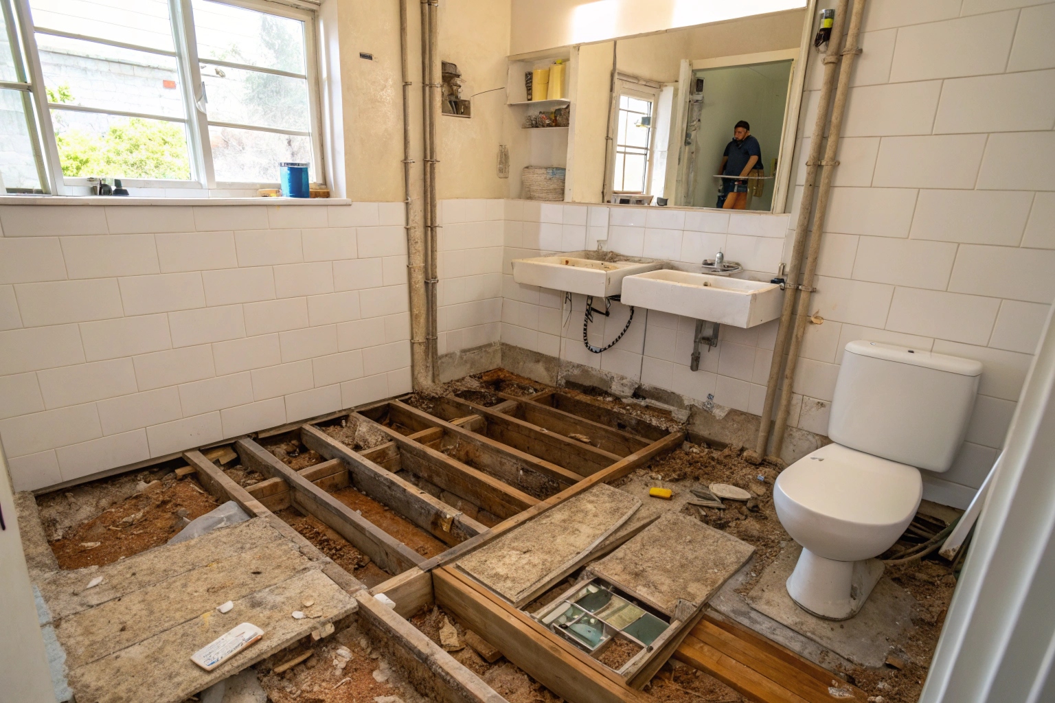 Bathroom mid-demolition with subfloor and pipework exposed
