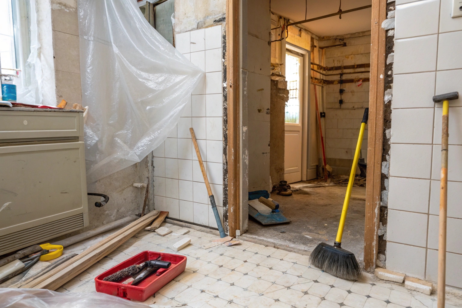 Bathroom demolition site with hallway sealed for dust protection