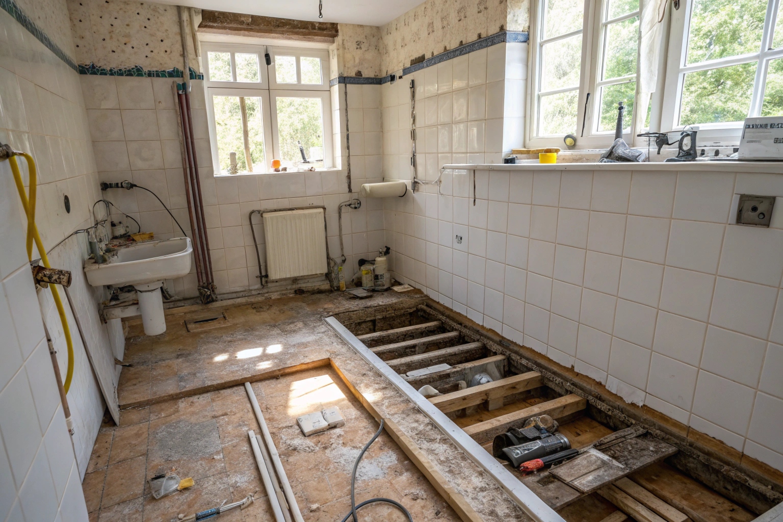 Ensuite bathroom mid strip-out during demolition