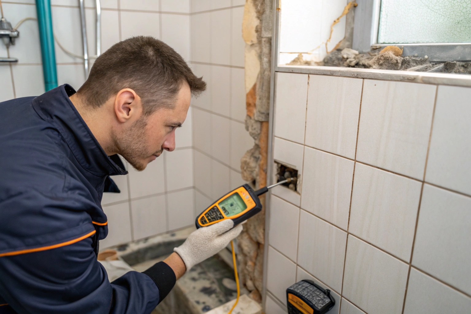 Tradesperson checking behind a shower wall tile with a moisture meter