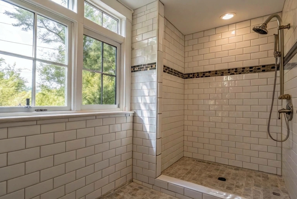 Freshly repaired shower with clean grout and tiles