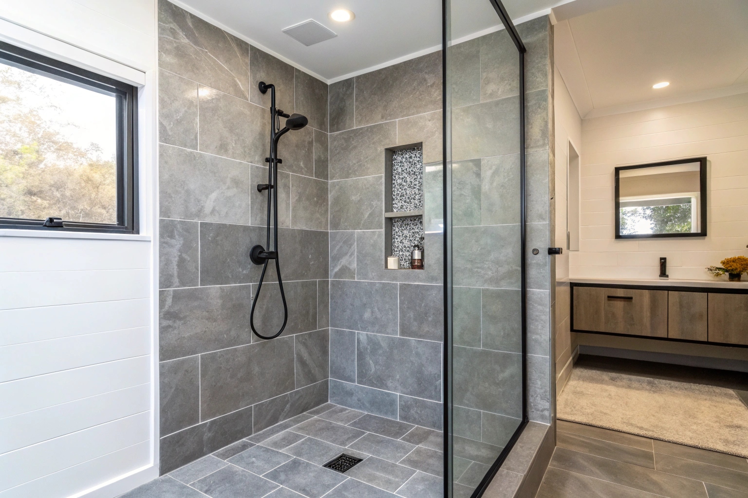Well-designed modern walk-in shower with large-format grey tiles and a frameless glass screen