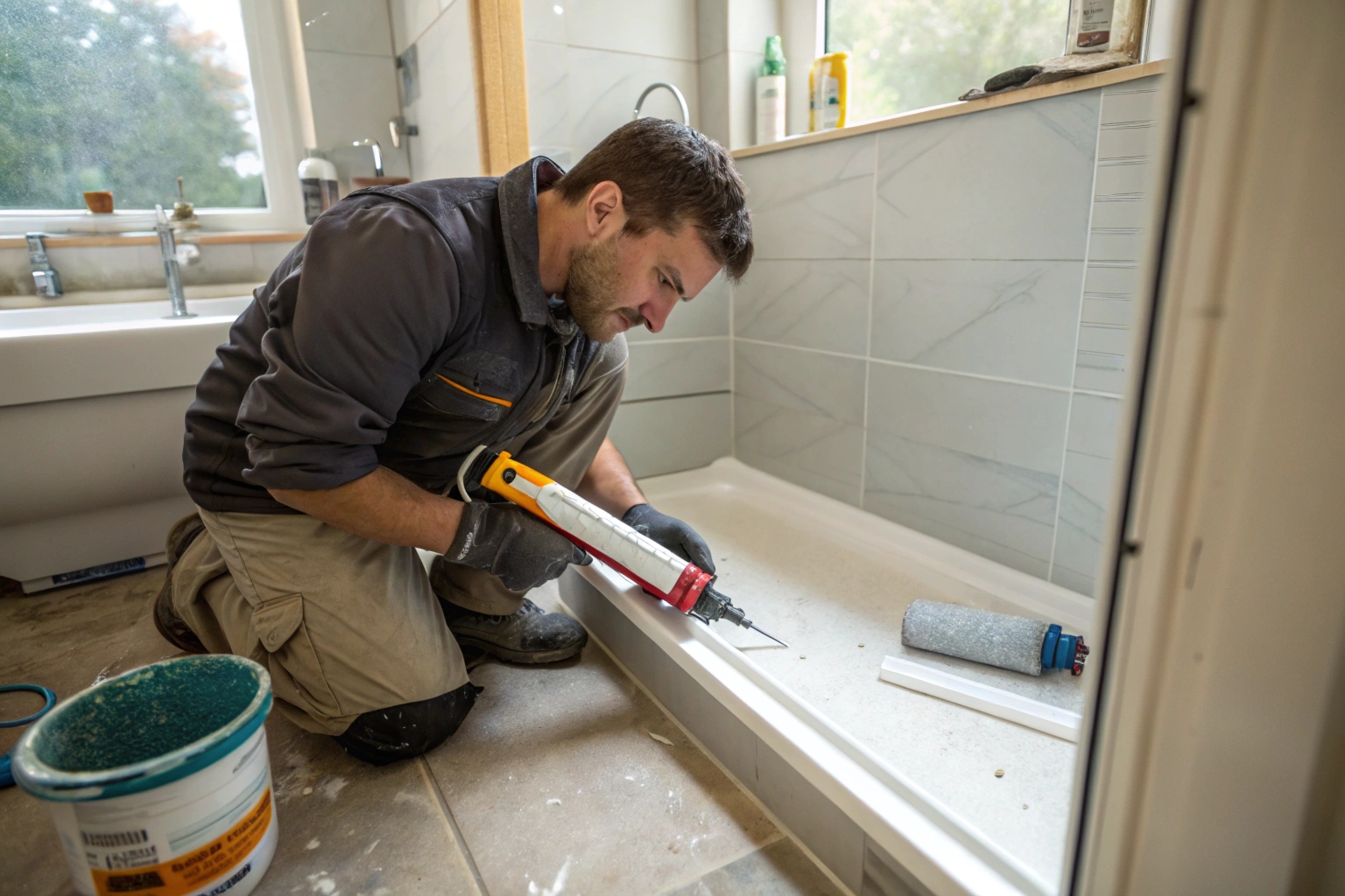 Tradesperson resealing a shower base with silicone