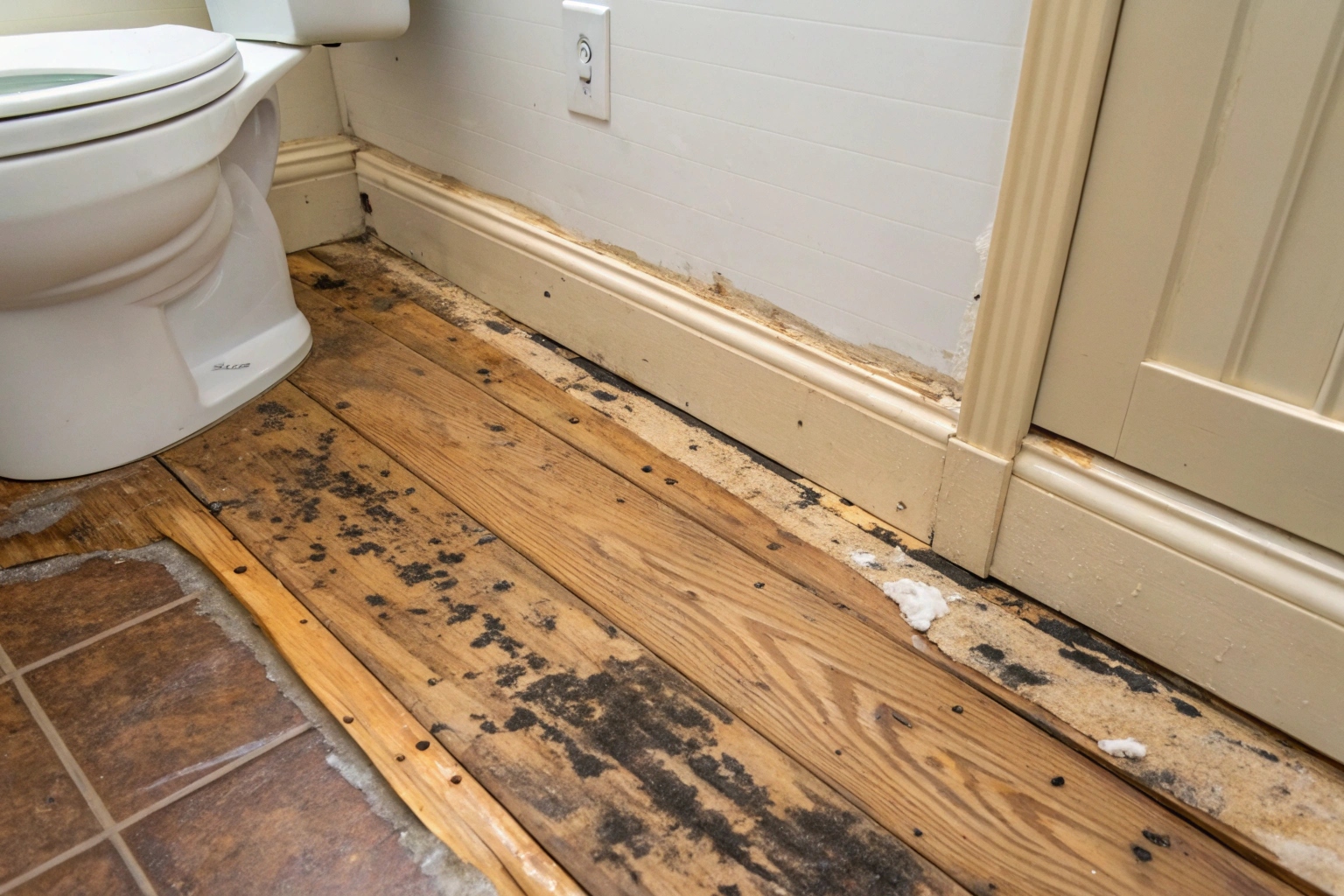 Water-damaged timber subfloor near a bathroom wall