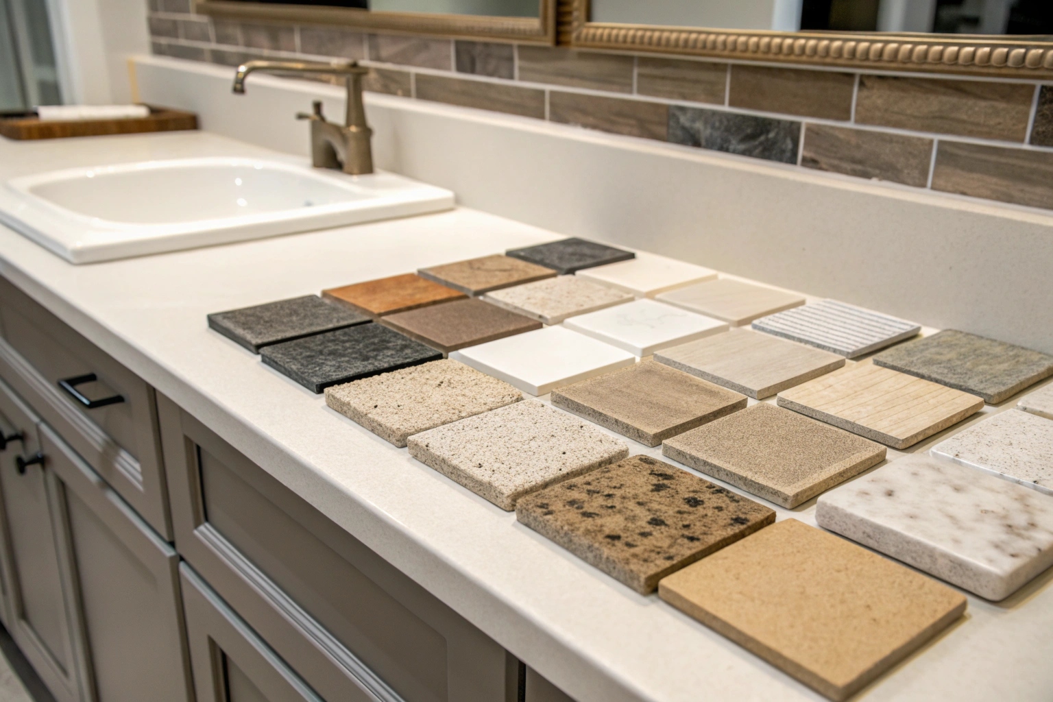 Stone and tile material samples laid out during a design consultation