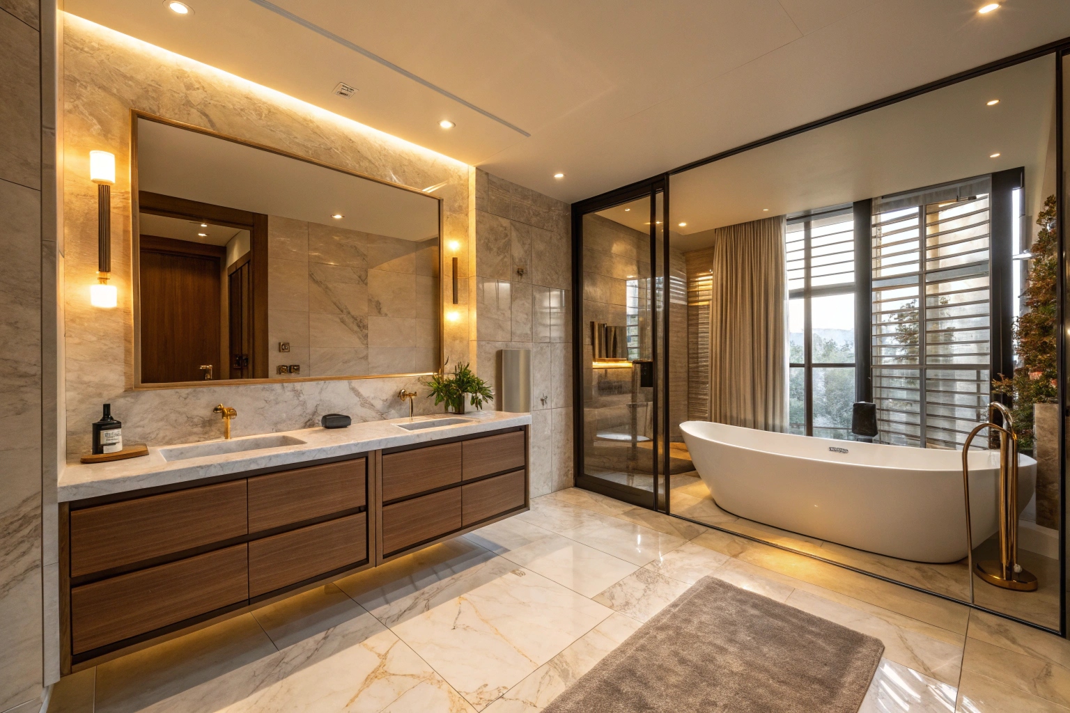 Finished luxury bathroom with heated floors and brushed brass tapware