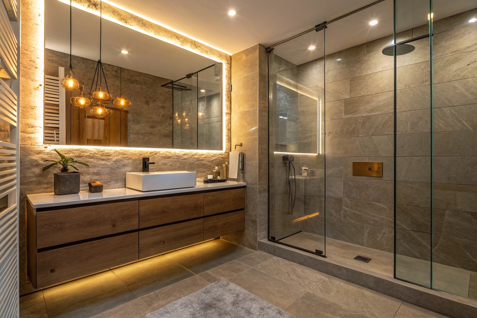 Frameless glass shower screen with large-format feature stone tiling