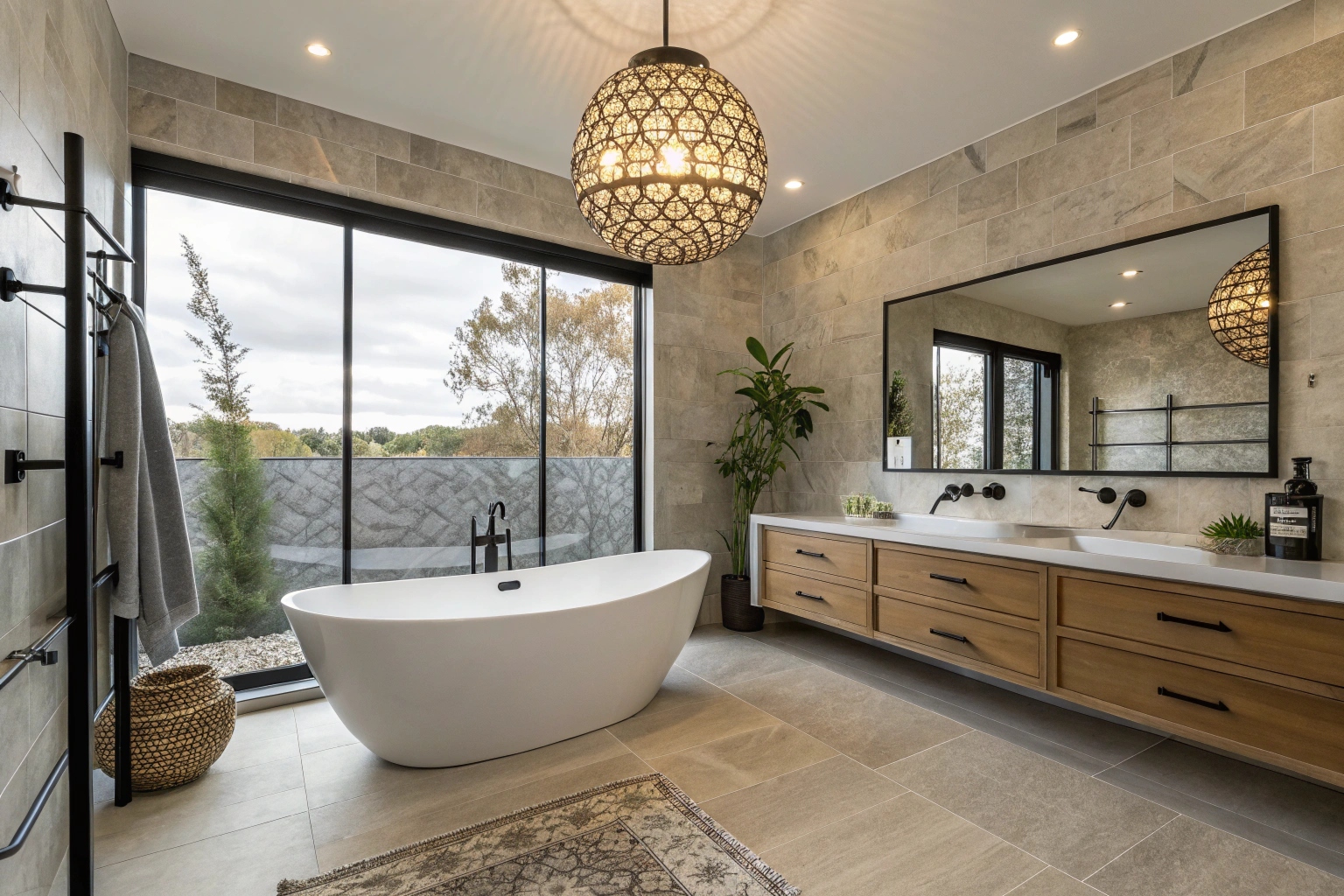Complete luxury bathroom with a freestanding bath and statement pendant light