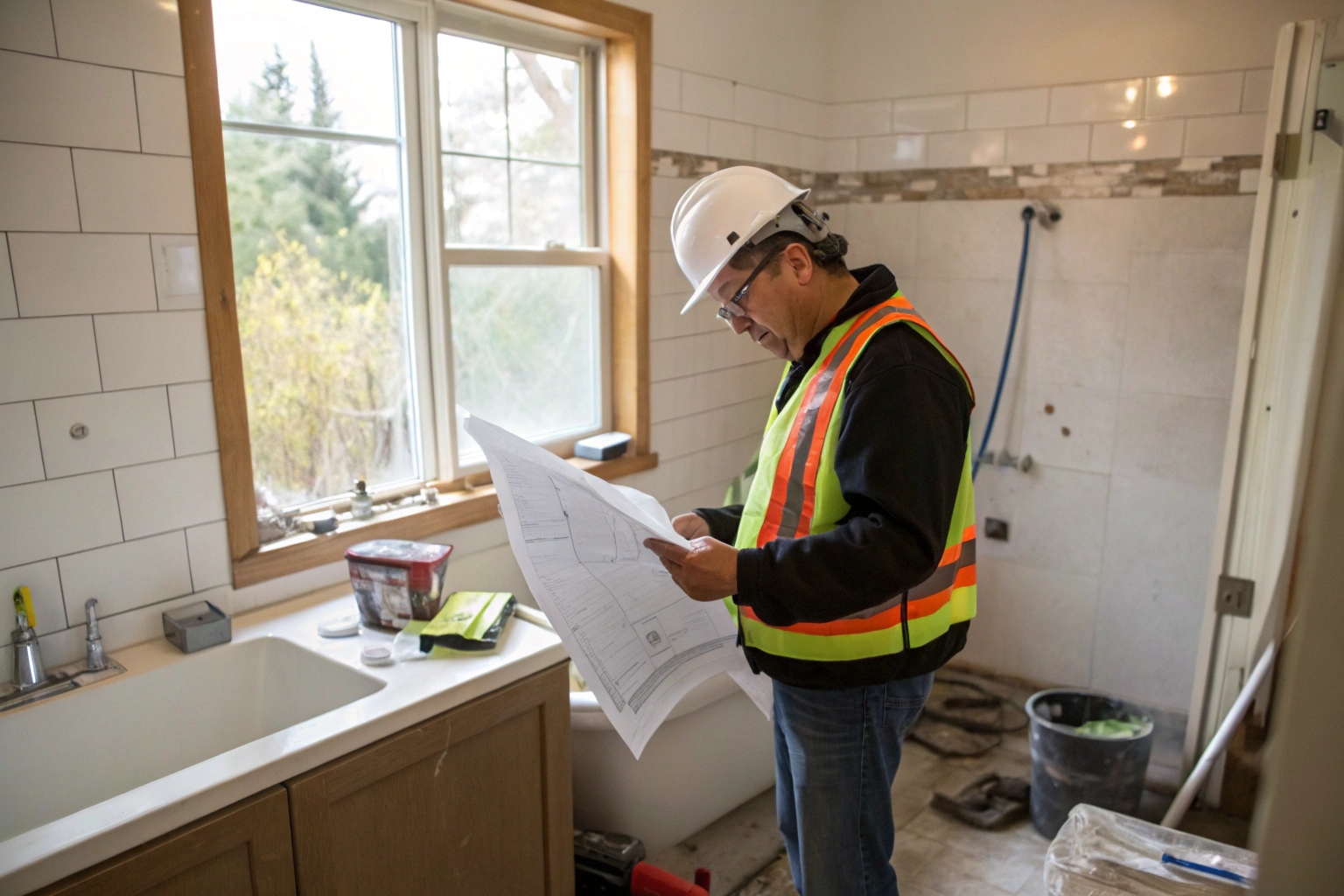 Licensed tradesperson reviewing plans on-site during a bathroom renovation