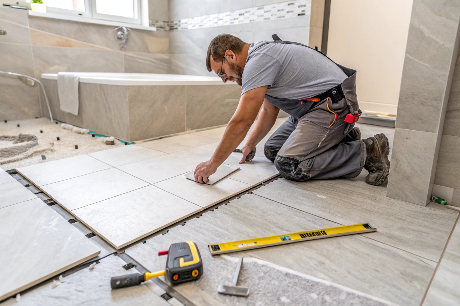 Tradesperson installing large-format stone tiles in a luxury bathroom renovation